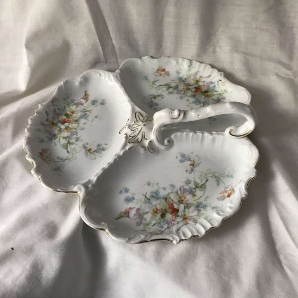 Antique 1800's 3 part divided handled serving snack relish tray fine china transfer ware floral plate platter farmhouse collectible dining