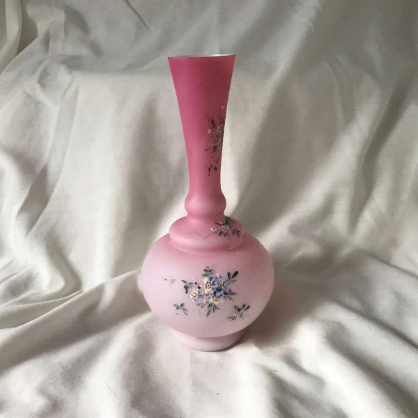 Antique 1800's pink variegated cased glass hand enameled floral barber bottle Stunning flowers farmhouse collectible display RARE find