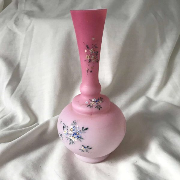 Antique 1800's pink variegated cased glass hand enameled floral barber bottle Stunning flowers farmhouse collectible display RARE find