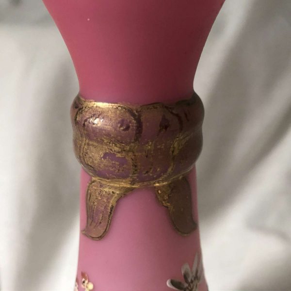 Antique 1800's pleated rim pink variegated cased glass hand enameled floral barber bottle gold bow Stunning flowers farmhouse collectible
