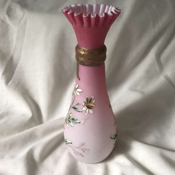 Antique 1800's pleated rim pink variegated cased glass hand enameled floral barber bottle gold bow Stunning flowers farmhouse collectible