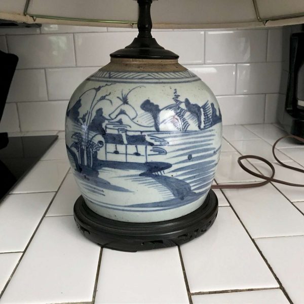 Antique 1800's Pottery Vase Lamp Asian wooden base metal rim collectible display blue and white glazed