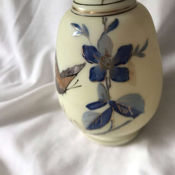 Antique 1800's yellow satin glass hand enameled barber bottl with enameled silver and gold butterfly and gold traced blue flowers and leaves