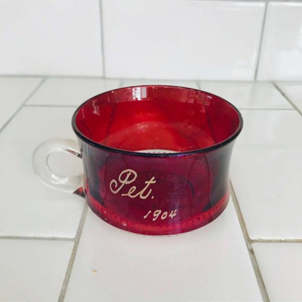 Antique 1904 World's fair souvenir coffee tea cup red etched Pet. collectible glass farmhouse display Saint Louis World's Fair