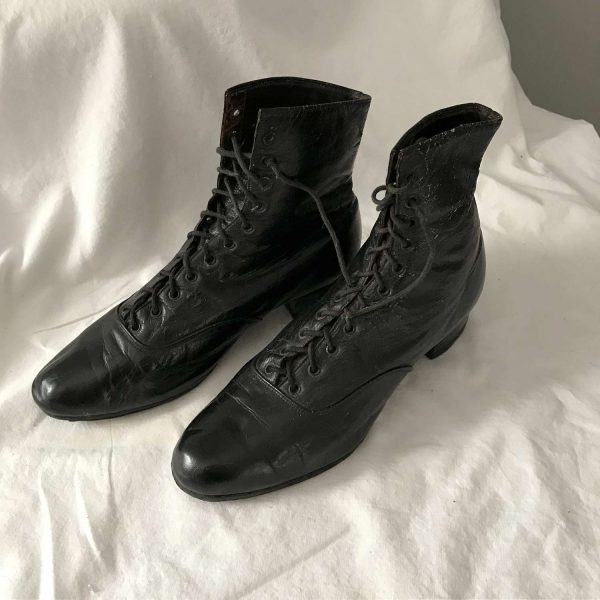 Antique 1915 shoe boots black leather museum studio display movie television show prop collectible hand made shoes