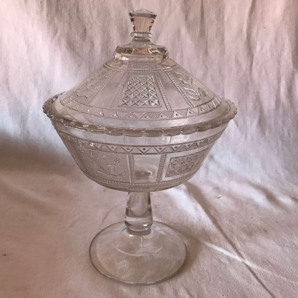 Antique 3 part mold Holly Lidded Tall compote Clear glass embossed 1800's Mint Condition Farmhouse Cottage Collectible Display collectible
