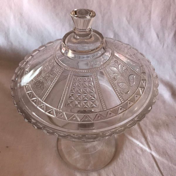 Antique 3 part mold Holly Lidded Tall compote Clear glass embossed 1800's Mint Condition Farmhouse Cottage Collectible Display collectible