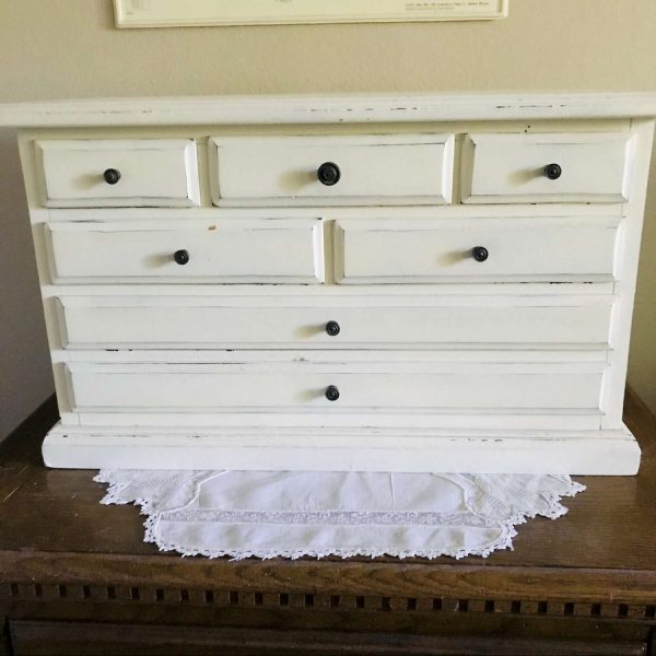 Antique 7 drawer wooden storage box dresser box jewelry collectible trinkets display bedroom office farmhouse shabby chic cottage