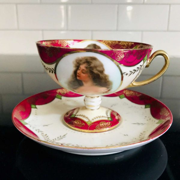 Antique Austrian Tea cup and saucer tall pedestal Portrait inside & outside Fine bone china burgundy gold trim farmhouse collectible