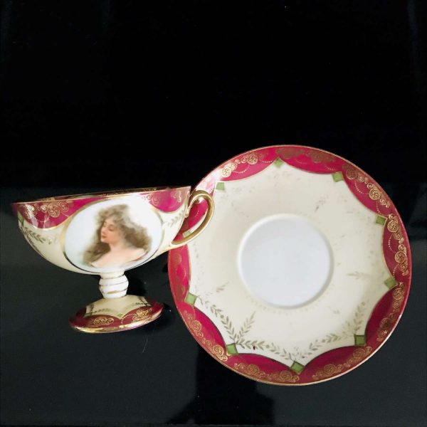 Antique Austrian Tea cup and saucer tall pedestal Portrait inside & outside Fine bone china burgundy gold trim farmhouse collectible