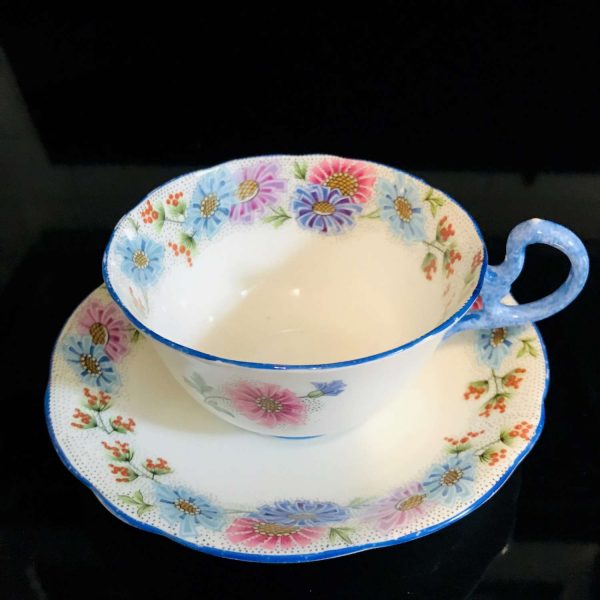 Antique Aynsley Tea Cup and Saucer Bright Purple Aqua Pink orange pattern gold trim Fine porcelain England Collectible Display Farmhouse