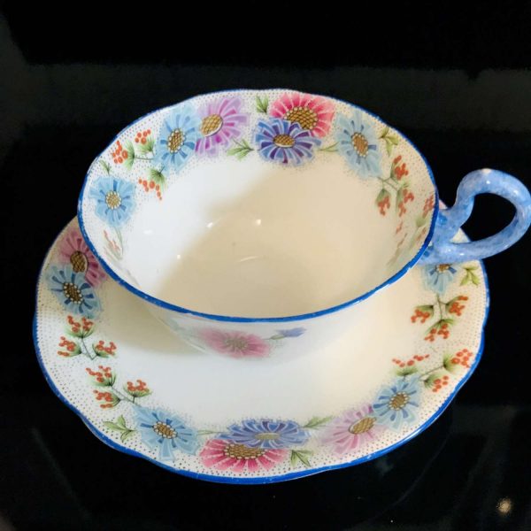 Antique Aynsley Tea Cup and Saucer Bright Purple Aqua Pink orange pattern gold trim Fine porcelain England Collectible Display Farmhouse
