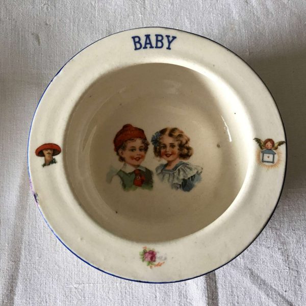 Antique Baby Bowl Transfer Girl and Boy Center turn of the century Czech bowl Display Farmhouse Collectible Decor Cottage Child Kid's Dish