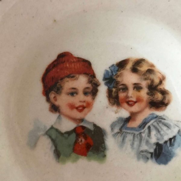 Antique Baby Bowl Transfer Girl and Boy Center turn of the century Czech bowl Display Farmhouse Collectible Decor Cottage Child Kid's Dish