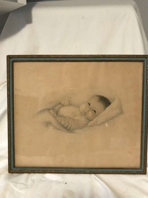 Antique Baby Picture "Heavens Gift" lithograph frame with glass blue trim on gold frame farmhouse collectible wall decor wall art Pastels
