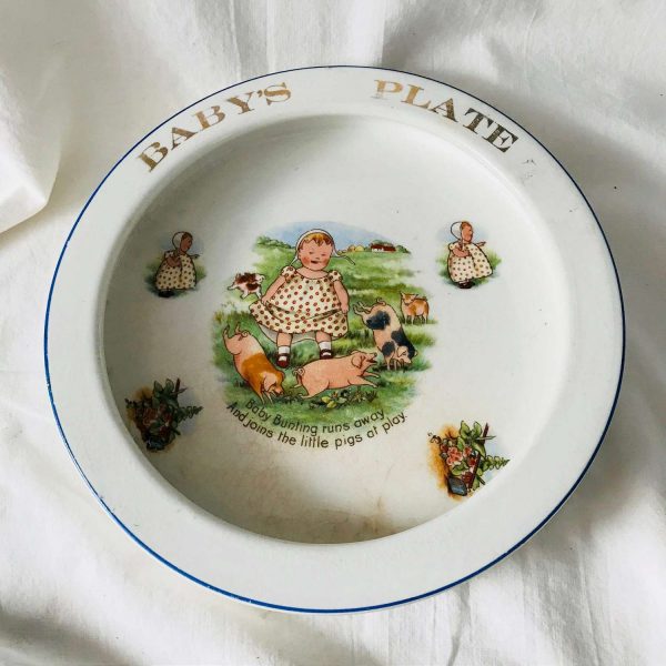 Antique Baby Plate with great character Liverpool England Heavy pottery baby dish with rim farmhouse collectible display early 1900's