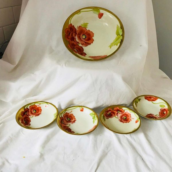 Antique Bavarian Fruit Bowl with 4 serving berry bowls poppie pattern hand painted Signed Lambert heavy gold trim collectible display dining