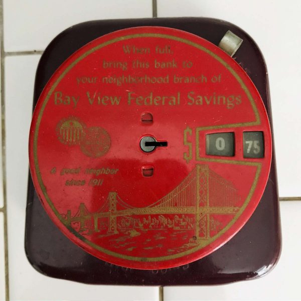 Antique Bay View Federal Savings since 1911 Registers total Slot on bottom with lever Metal Advertising Collectible