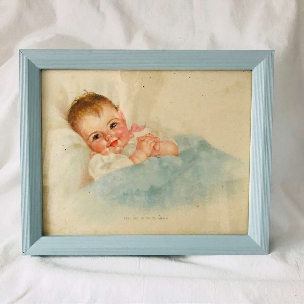 Antique Beautiful Baby Picture Take me in your arms lithograph frame with glass blue frame farmhouse collectible wall decor wall art Pastels