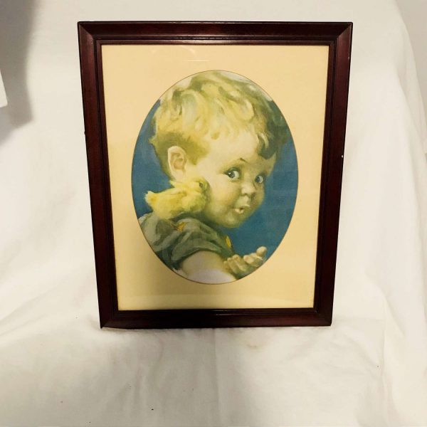 Antique Beautiful Little Boy Picture with duckling lithograph frame with glass farmhouse collectible wall decor wall art Pastels
