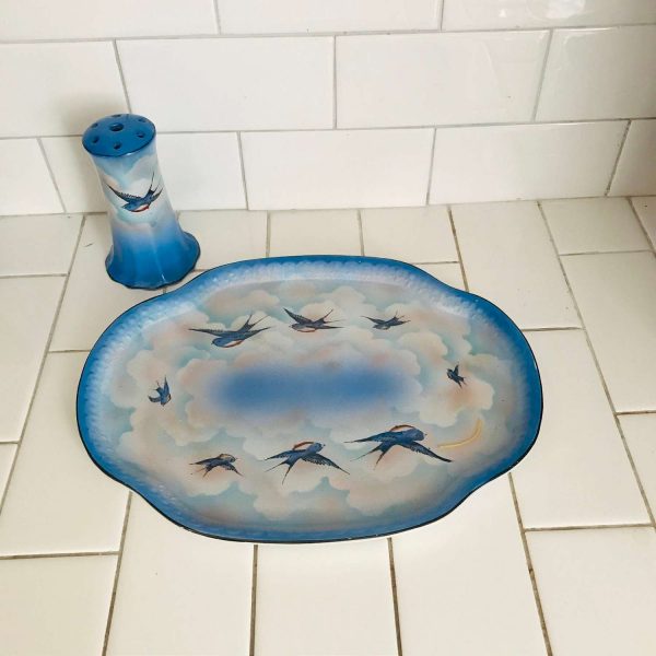 Antique Blue bird dresser vanity tray with matching hat pin holder Palissy England hand painted bathroom bedroom collectible perfume tray