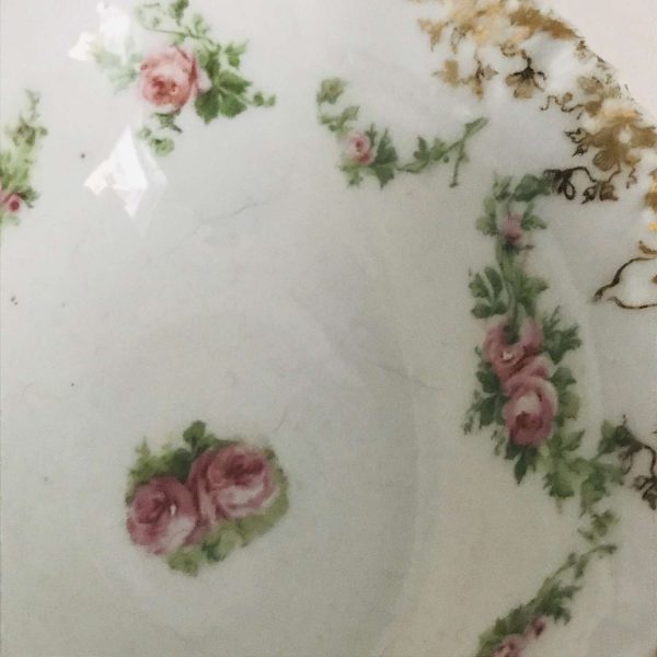 Antique bowl dish ornate pink floral with gold trim rose swags hand painted Germany