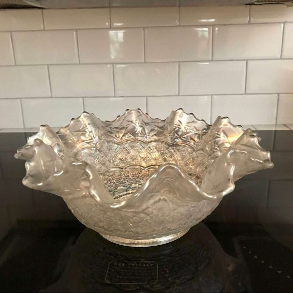 Antique Bowl Tiffany Finish Ruffled Iridescent Stunning Serving Dining Display Center Bowl Collectible Glass Farmhouse Cottage