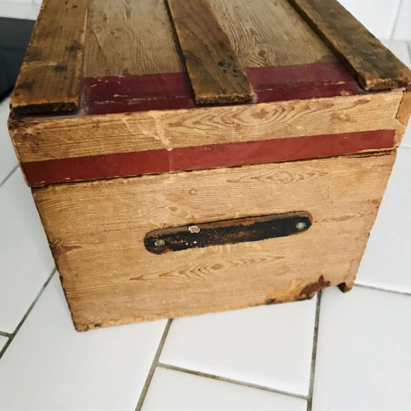 Antique Box Wooden Small Trunk with insert leather handles latch front farmhouse doll trinkets collectible display latch front no key
