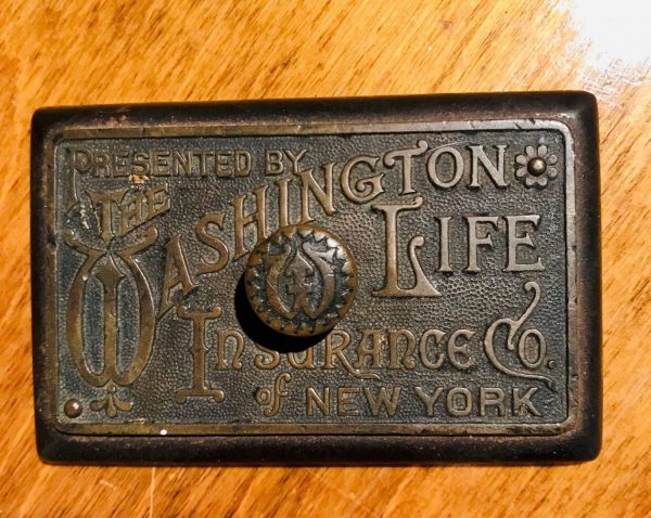 Antique bronze advertising paperweight Presented by The Washington Life Insurance Co. of New York office ceollectible desk top farmhouse