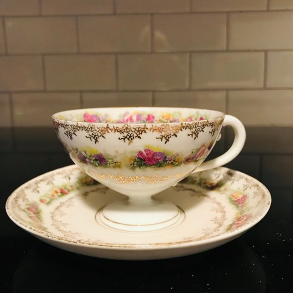 Antique C.T. Tea Cup and Saucer Pink & Yellow Rose floral Pattern Fine porcelain Germany Collectible Display Farmhouse dining serving bridal
