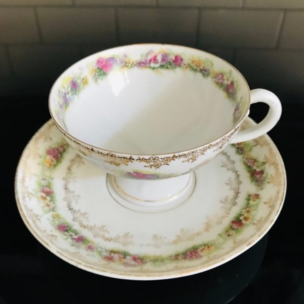 Antique C.T. Tea Cup and Saucer Pink & Yellow Rose floral Pattern Fine porcelain Germany Collectible Display Farmhouse dining serving bridal