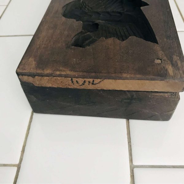Antique carved print block mold with removable lid talons feathers beak greatly detailed Japan with Kanji print on back farmhouse display