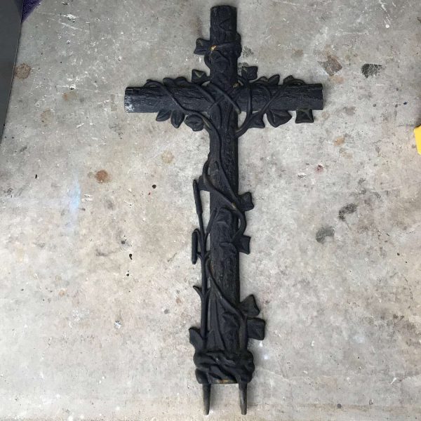 Antique Cast Iron Grave Marker Cross with raised leaves and vines with cattails 42" tall 22 1/2" wide religon religious spirituality art