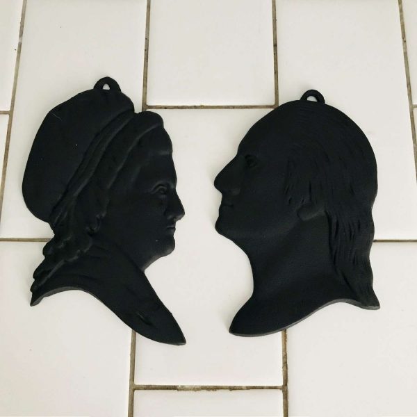 Antique cast iron Martha and George Washington silhouettes wall hanging collectible display history farmhouse cabin lodge office wall decor
