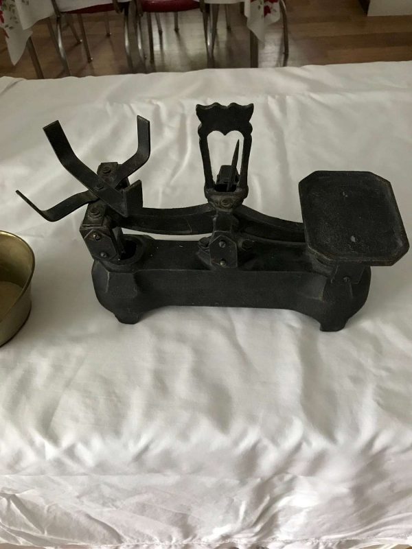 Antique Cast iron Scale with Brass Hopper & Weights farmhouse collectible display cabin lodge pharmacy medical pharmaceutical scale kitchen