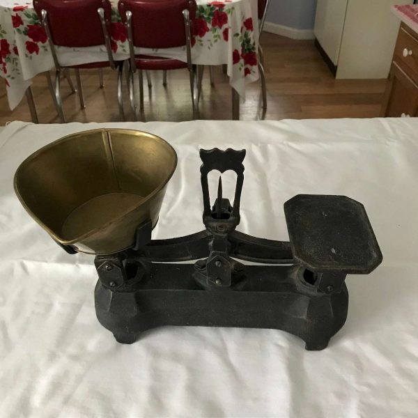 Antique Cast iron Scale with Brass Hopper & Weights farmhouse collectible display cabin lodge pharmacy medical pharmaceutical scale kitchen