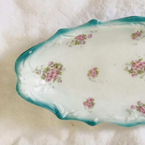 Antique celery dish aqua rim pink rose pattern 11.5" long 5.25" wide farmhouse collectible display country cottage shabby chic oblong bowl