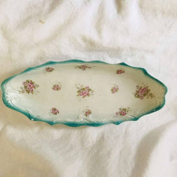 Antique celery dish aqua rim pink rose pattern 11.5" long 5.25" wide farmhouse collectible display country cottage shabby chic oblong bowl