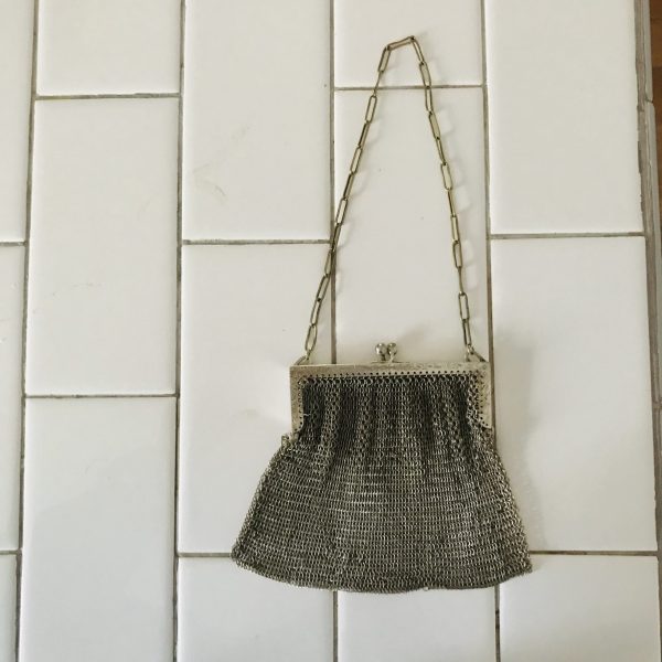 Antique Chain Mesh German Silver small purse with chain strap orante etched closure tv movie prop collectible display purse