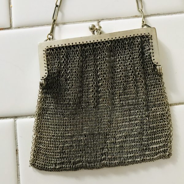 Antique Chain Mesh German Silver small purse with chain strap orante etched closure tv movie prop collectible display purse