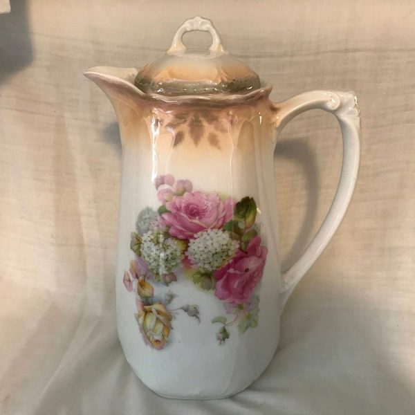 Antique Chocolate Pot Coffee Tea Floral Hand painted Beautiful Flowers Germany Gold trim collectible display farmhouse