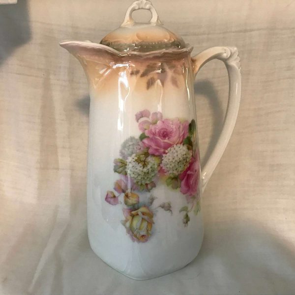 Antique Chocolate Pot Coffee Tea Floral Hand painted Beautiful Flowers Germany Gold trim collectible display farmhouse