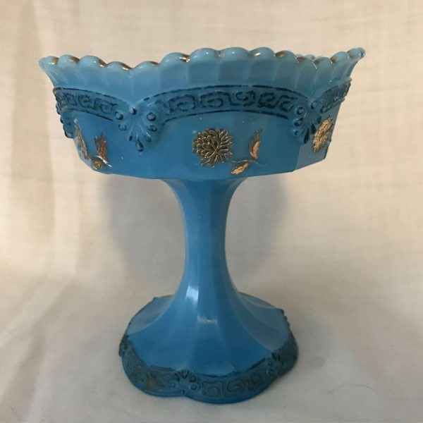 Antique Chrysanthemum Spring 1890's Jelly Compote Turquoise Blue Opal Milk Glass Gold Trim Raised flowers  collectible
