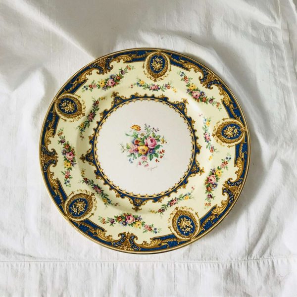 Antique Crown Ducal England Dinner Plate Signed Beautiful floral vright blue & yellow farmhouse collectible display 10 5/8" across cottage