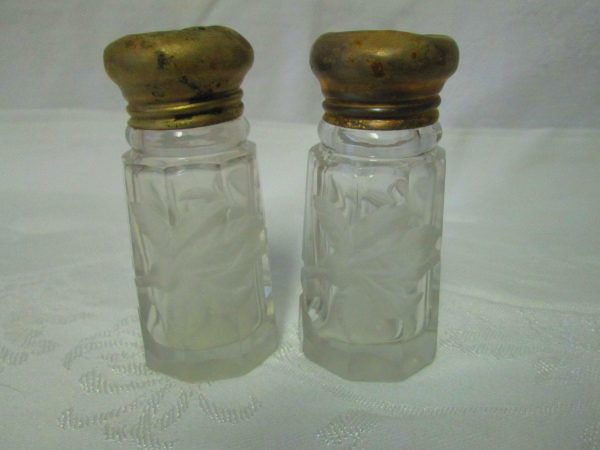Antique Crystal Floral Etched Crystal Salt and Pepper Shaker Set Turn of the Century