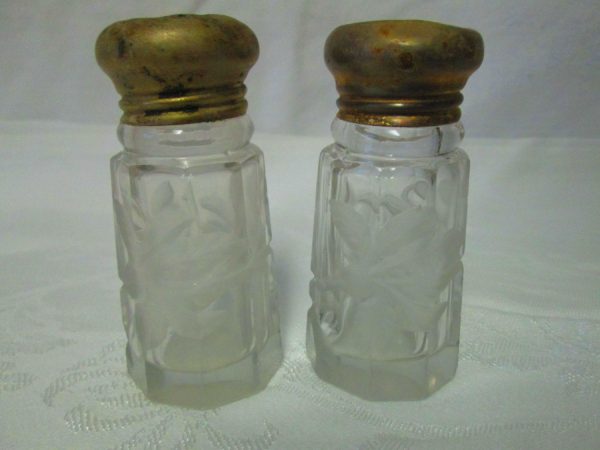 Antique Crystal Floral Etched Crystal Salt and Pepper Shaker Set Turn of the Century