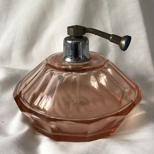 Antique crystal peach colored art deco style atomizer perfume bottle collectible vanity display dresser etched maker's mark