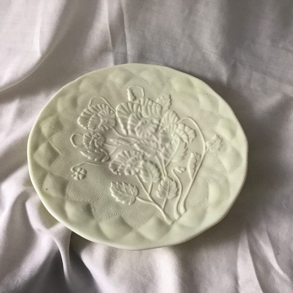 Antique Custard Vaseline Glass Pansey cookie torte cake plate slightly raised pedestal base signed farmhouse collectible display