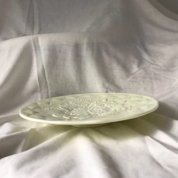 Antique Custard Vaseline Glass Pansey cookie torte cake plate slightly raised pedestal base signed farmhouse collectible display