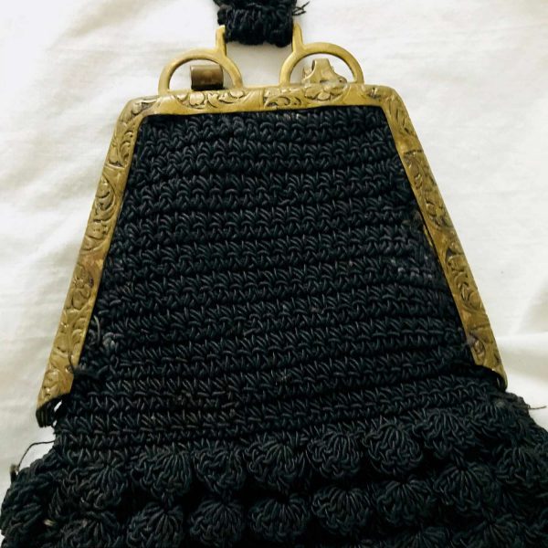 Antique Dance purse wrist handle crochet black bag and handle gold double closure attached mirror with leather inside